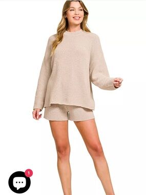 Zenana Round Neck Knit Top and Shorts Sweater Set in sand beige